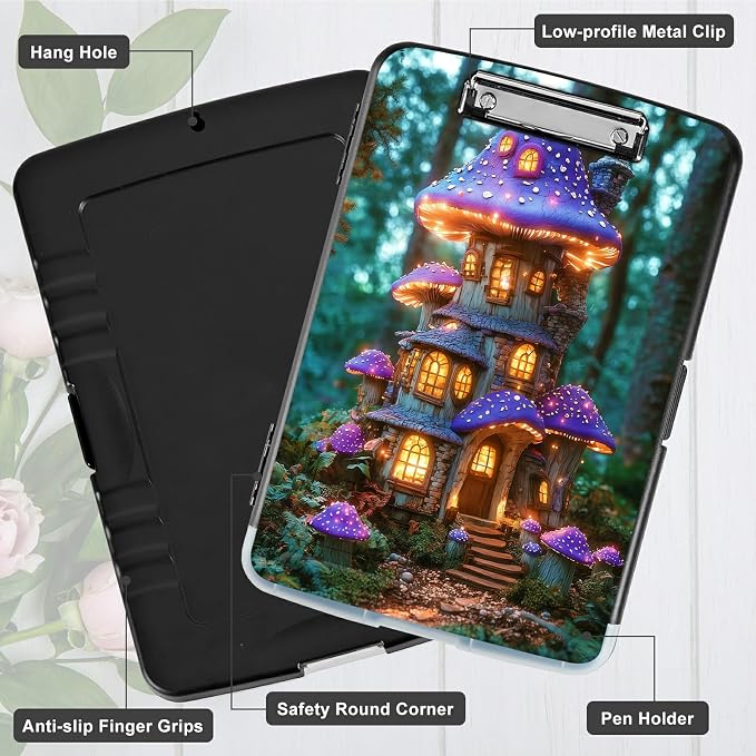 A4 Clipboard with Storage Pen Holder, Clipboards Organizer Nursing Clipboard Foldable File Folder Plastic Clipboard Folio Clip Board for Office Work Classroom Doctor, Purple Mushroom Castle