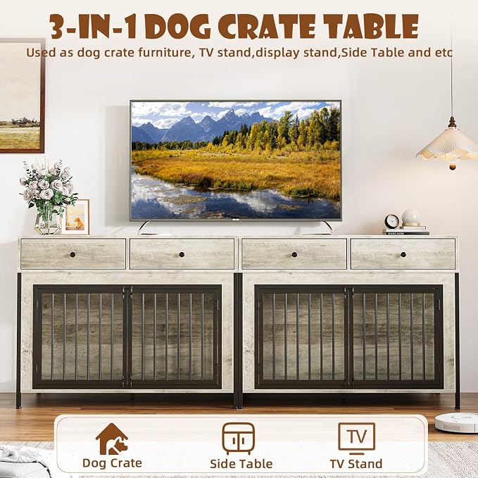 LEMBERI 44 Inch Large Dog Crate Furniture with Storage Drawers, Wooden Dog Kennel Furniture as TV Stand, Decorative Pet Cage Dog House Indoor for Dogs, Grey, 2 Pack