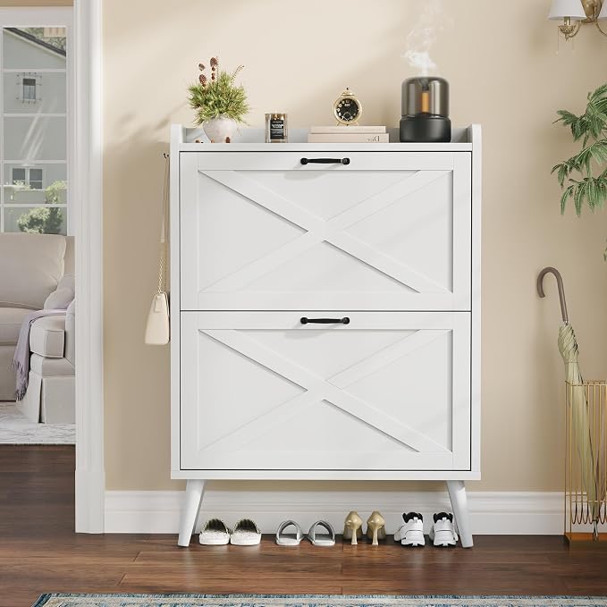 Shoe Cabinet Storage for Entryway with 2 Flip Drawers,Barn Door | Narrow Shoe Rack Cabinet with Adjustable Shelves & Hidden Storage for Foyer, Hallway, Living Room, 2 Hooks,White