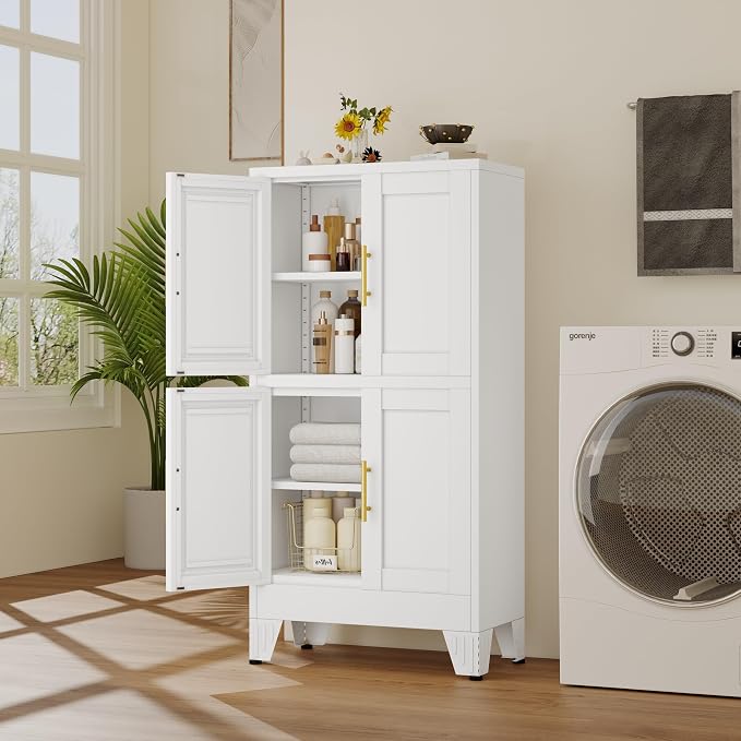 47” White Metal Bathroom Storage Cabinet, Kitchen Pantry Cabinet | Steel Storage Cabinet with Doors and 3 Adjustable Shelves, Bathroom cabinets Organizer, for Home Office, Bedroom