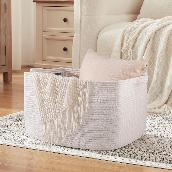 OIASKET White Storage Baskets for Organizing, Toy Basket Storage Kids, Nursery Cotton Rope Baskets for Living Room, Deorative Organizer Bin Box (White)