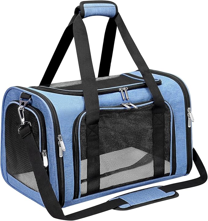 Soft-Sided Cat/Dog/Pet Carrier, Collapsible Pets Travel Carriers | for Big Cats/Small Dogs with Shoulder Strap & Removable Mat, Mesh Puppy Carry Bag, Up to 16 Lbs, TSA Airline Approved(Blue)
