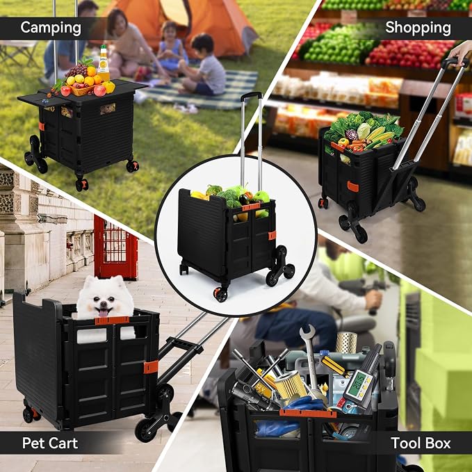 Foldable Utility Cart with Stair Climbing Wheels,Collapsible Rolling Crate with Magnetic Lid Telescopic Cover,Adjustable Telescoping Handle,360° Rotate Wheel Hand Cart for Teacher Shopping Moving