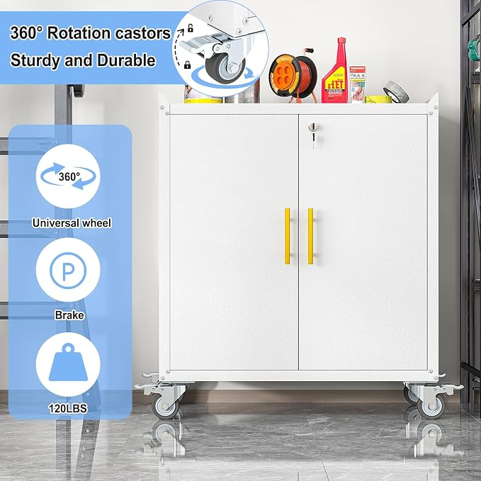 pozdeg 35.6" Rolling Metal Garage Storage Cabinet with Wheels & Lock, White