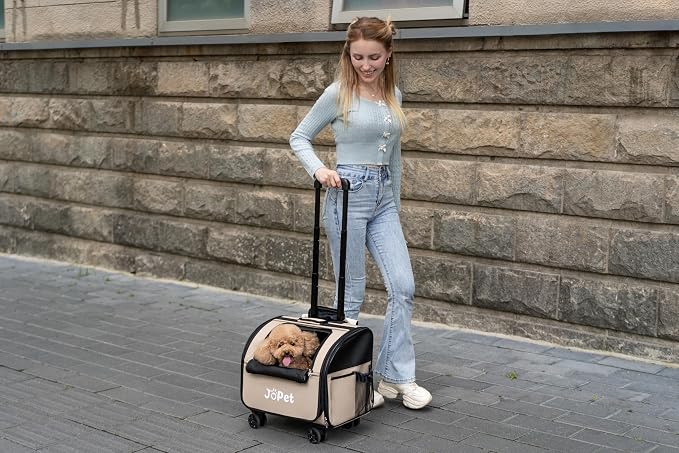 Pet Bag Carrier with Wheels, Pet Backpack with Wheels, Small Dog Carrier, cat Carrier, Detachable Wheels, Travel Bag, Pet Trolley, Soft Sided Carrier with Wheels, Foldable Carrier (Oat Grey)