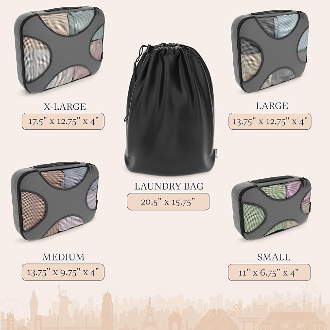 Shacke 5 Set Packing Cubes for Travel with Laundry Bag (Dark Grey) | Suitcase Organizer Bags Set: 4 Water-Resistant Luggage Cubes, XL to Small, + Laundry Bag for Carry-On or Checked