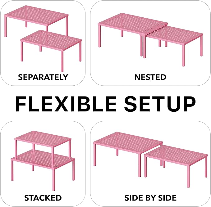 Simple Houseware Expandable Stackable Kitchen Counter Shelf Organizer, Pink, Metal Top, 11.25 in L x 7.9 in W x 5.4 in H | Expandable & Stackable 9" D x 12.75" W x 5.9" H