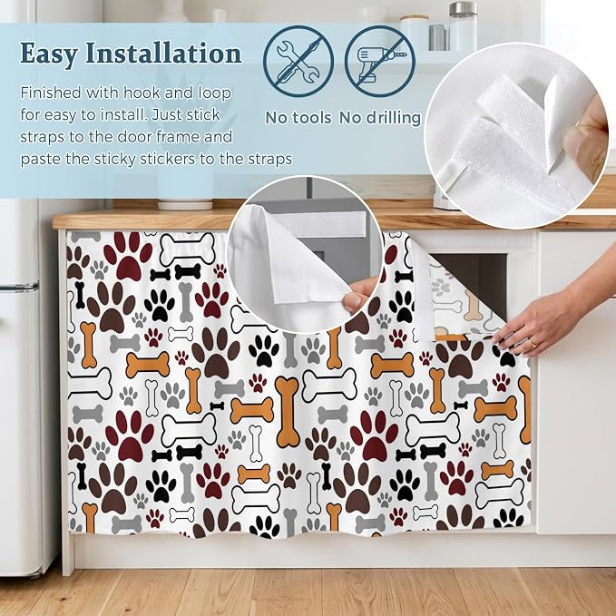 Dog Claws Cabinet Curtains 28"x51" Sink Skirt for Bathroom Kitchen, Pet Cat Cartoon Cute Animal Bone Pawprints Self Stick Adhesive Under Desk Covers Tall Laundry Cabinet Storage Organizer