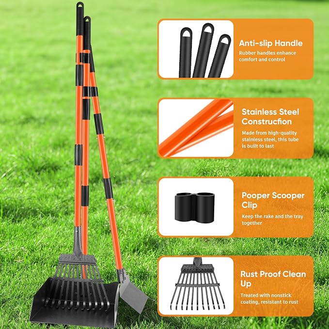Pooper Scooper for Large Dogs, Poop Scoop with Long Handle Tray, Spade,Rake | Extra Larger Metal Bin, Heavy Duty Aluminum Poop Picker,No Bending,Rust Proof,Use on Grass, Dirt, Gravel, Perfect for Seniors