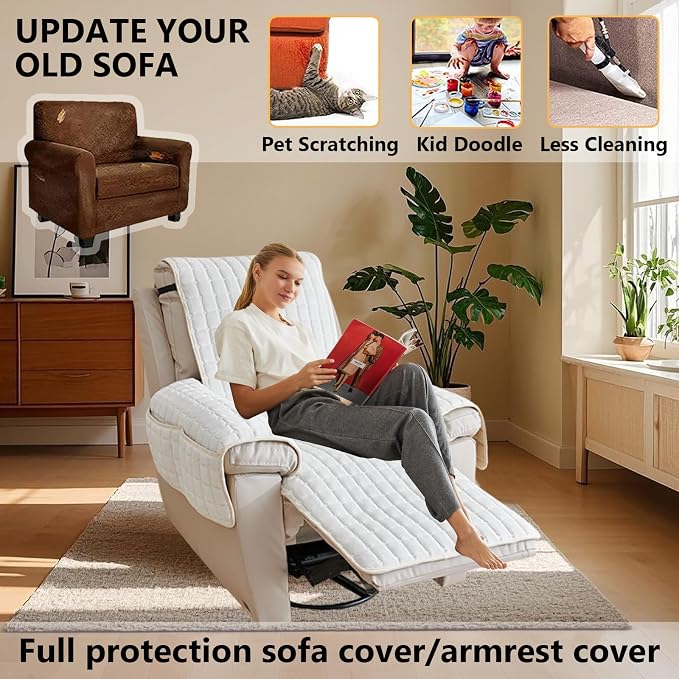 Polyester Flannel Recliner Cover, Non-Slip with 2 Side Pockets | Soft short-pile polyester with silicone backing guards armrests from pet scratches; thick one-piece cover, machine washable.