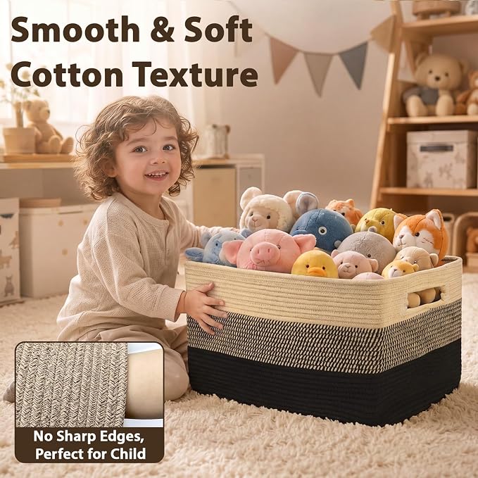 Optish 95L Large Woven Blanket Basket, Storage Basket with Handles | Sturdy Cotton Rope Basket Organizer Blanket, a lot of Toys, Comforter, Pillows, Bedroom, Living Room, Bathroom, Easy to Carry
