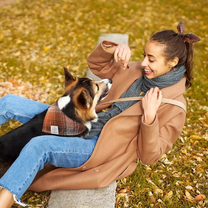 E-Clover Fall Dog Bandanas Matching Dog Bandana and Scrunchie Medium Large | Orange Plaid Dog Bandana Matching Dog and Owner Clothes dog Mom Gifts Girl Dog Bandanas
