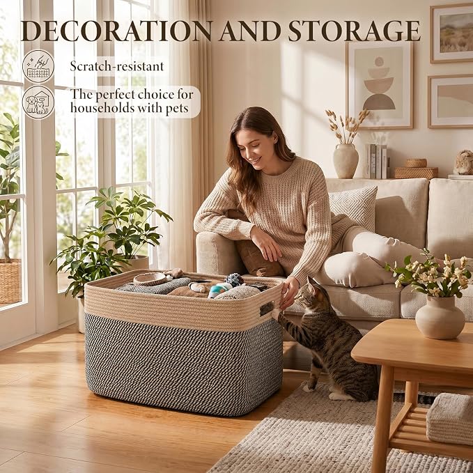 75L Large Cotton Rope Basket, Soft Toy Storage Bin for Nursery & Living Room, Decorative Blanket Basket for Bedroom, Baby-Safe Organizer for Pillows &Laundry, 22''×17''×12'', Brown & Black