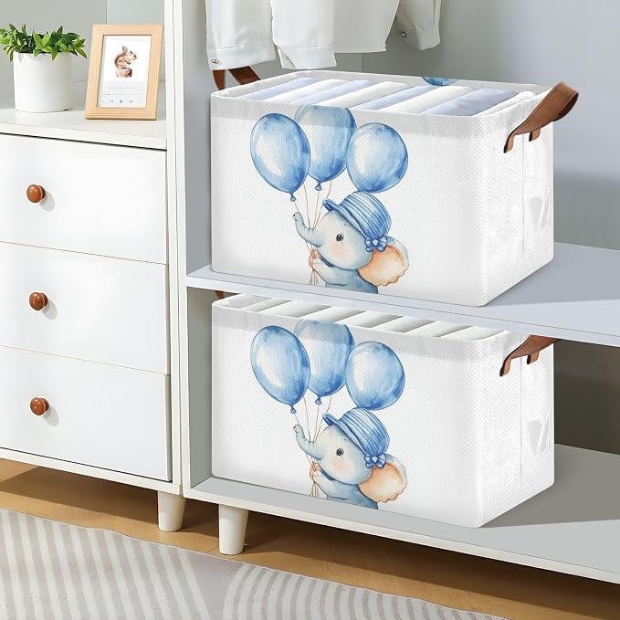 Cute Baby Elephant with Blue Balloon Storage Basket with Labels&Handles Rectangular Waterproof Nursery Storage Bins Collapsible Shelf Organizer Baskets for Kids Books Gift Basket Toys Laundry, 2 PC