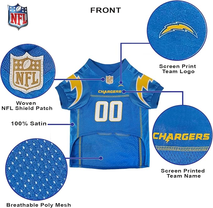 Pets First NFL Los Angeles Chargers Dog Jersey, Size X-Small, Football Shirt Costume for Pet, Dog Sports T-Shirt, NFL Team Clothing for Cats, Licensed Pet Apparel Available in 7 Sizes and 32 Teams