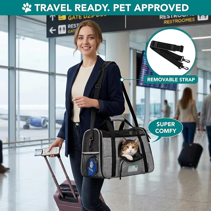 PetAmi Airline Approved Pet Carrier for Cats Small Dogs, Small Heather Gray | Soft Sided TSA Travel Bag, Sherpa Bed, Breathable Mesh Ventilation, Collapsible Bowl, Fits Under Seat, Up to 18 lbs
