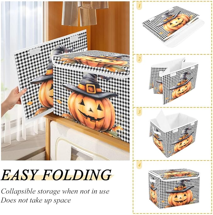 Halloween Pumpkin Fabric Storage Bins with Lid Closet Storage Basket 40L | Decorative Storage Boxes, Foldable & Stackable, Dust-Proof Flip Top, Reinforced Handles, For Home & Dorm, Clothes & Toy Box