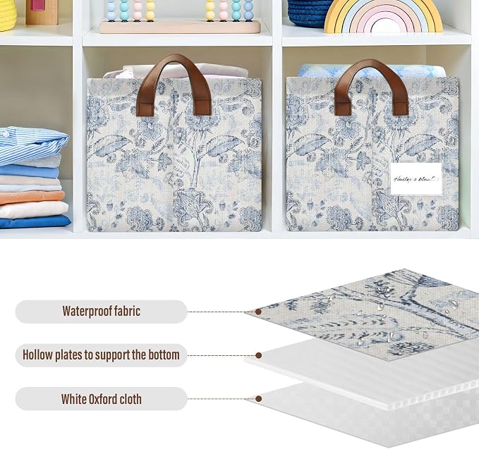 Vintage Blue Floral Rustic Retro Ethnic Storage Bins for Shelves with Labels&Handles Fabric Organizer Bin Foldable Rectangle Storage Basket Boxes for Closet, Bathroom, Home, Living Room, 2 Pack