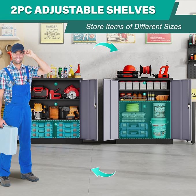 Small Metal Cabinet with Shelves,36 inch Garage Storage Cabinet with Lock,Gray Metal Storage Cabinets with Locking Doors,Small Steel Lockable Cabinets for Home,Office,Shop,Garage