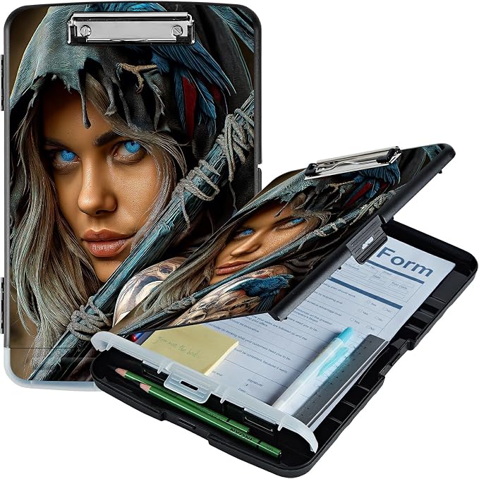 A4 Clipboard with Storage Pen Holder, Clipboards Organizer Nursing Clipboard Foldable File Folder Plastic Clipboard Folio Clip Board for Office Work Classroom Doctor, Blue Eyed Girl