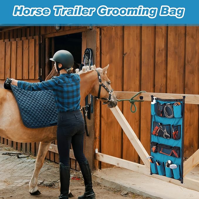 Riakrum 2 Pcs Horse Trailer Grooming Bag Hanging Horse Door Caddy Trailer Organizer Storage(Fresh,39 x 23 Inch) | Hanging Door Organizer for Trailer Stable, Mesh Pockets for Brushes Tools, Waterproof Fabric, Easy Install with Hooks
