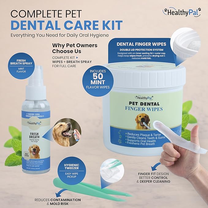 Pet Dental Finger Wipes for Dogs & Cats – 50 Mint Flavor Dog Dental Wipes + Mint Fresh Breath Spray, Dog Tooth Brushing Kit, Helps Remove Bad Breath & Plaque & Tartar Buildup