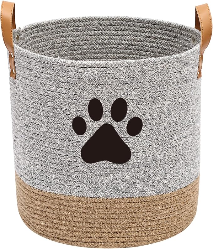 Morezi Cotton Rope Dog Toy Basket, Puppy Toy Storage Bin, Laundry Basket Blanket Storage - Perfect for Organizing Pet Toys, Blankets, Leashes - Gray Beige