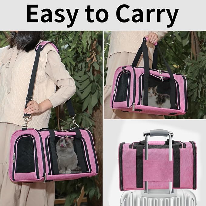 Soft-Sided Cat/Dog/Pet Carrier, Collapsible Pets Travel Carriers | For Big Cats/Small Dogs with Shoulder Strap & Removable Mat, Mesh Puppy Carry Bag, Up to 25 Lbs, TSA Airline Approved (Pink)