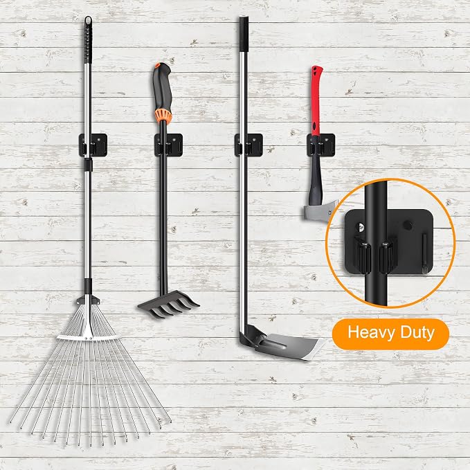 4 Pack Stainless Steel Heavy Duty Broom Holder Wall Mount with Hook, Black | Screw Drilling Broom and Mop Organizer Wall Hanging, Storage Rack for Laundry Garage Closet Garden Tool Organizer