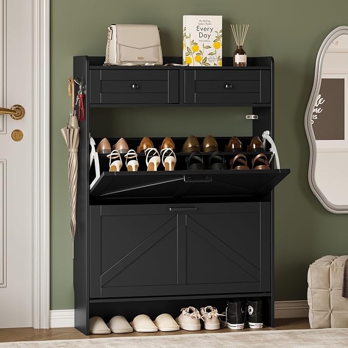 BORNOON Shoe Storage Cabinet for Entryway, Farmhouse Narrow Shoe Cabinet with 2 Flip Drawers & Top Drawers, Adjustable Shelves & Hooks, Freestanding Hidden Rack Organizer for Hallway, Foyer