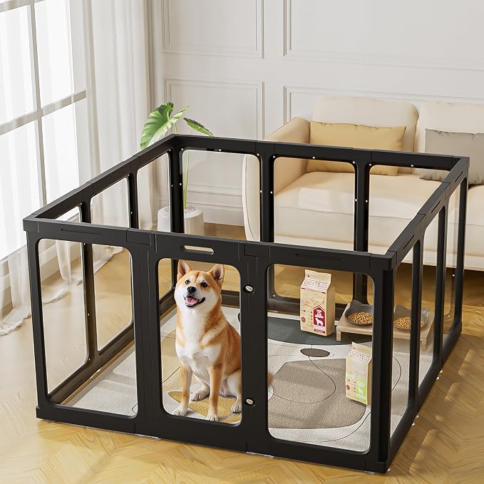Jalove 12PCS Dog Playpen Clear Puppy Playpen Indoor, 30" H Easy Assemble | Ideal for Small to Medium Dogs,Relieves Pet Anxiety, Transparent Small Pet Play Pen, Sturdy Crate Whelping Cage, Black