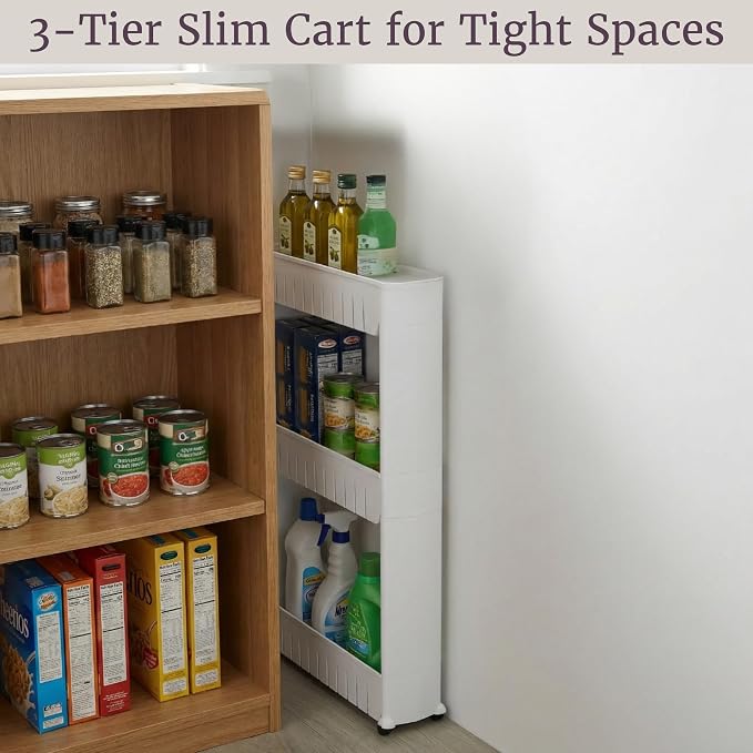 Lavish Home 3 Tier Shelf Rolling Cart - Narrow-Space Kitchen or Bathroom Shelf Organizer Cart - Slim Slide-Out Storage Shelves for Kitchen, Bathroom, Laundry and Pantry