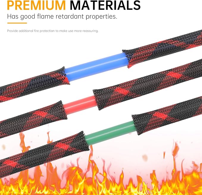 Braided Cable Sleeve, 33ft Expandable Wire Loom for Automotive Wiring Harness & PC Case, Pet-Proof Chew Resistant Cord Protector, Flexible Cable Management (Black-Red, 4mm (5/32"))