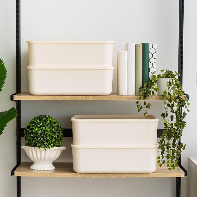IRIS USA Storage Bins with Lids |Made in USA| Medium (4-Pack) - Off White | Modern Basket Container Boxes for Bedroom, Living Room, Kitchen, Bathroom & Closet Organization