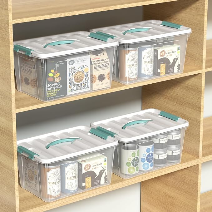 8-Pack 14 Quart Stackable Storage Bin, Plastic Box with Handle | Clear Plastic Containers for Pantry, Closet, Fridge, and Garage, Secure Snap Latches, Nesting Design