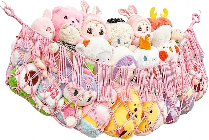 Stuffed Animal Net Hammock, Save Space Eliminate Clutter (Light pink) | Premium Cotton Hand-knitted plush hammock, Boho Stuffed Animal Storage for Nursery, Bedroom Decor, playrooms