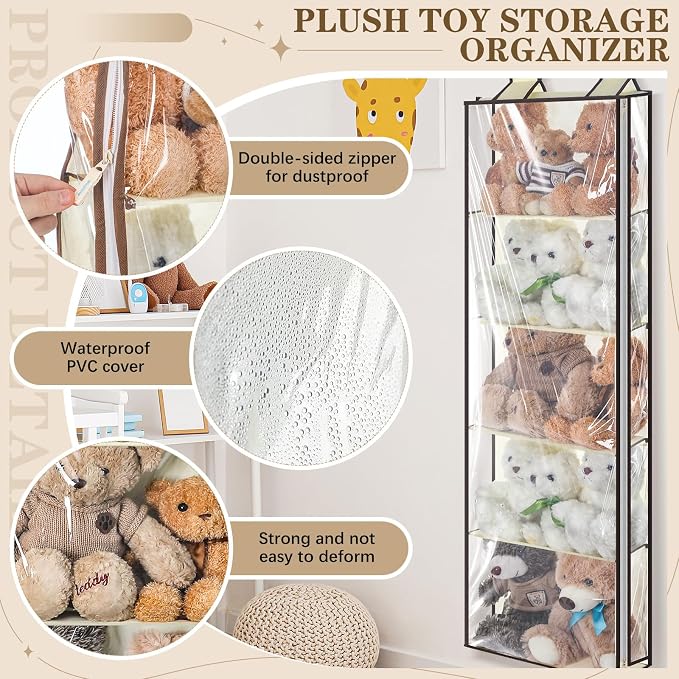 SATINIOR Hanging Stuffed Animal Storage with Zippers Dustproof over The Door Organizer with Large Pockets Different Hanging Methods for Shoes, File(Beige,5 Layer)