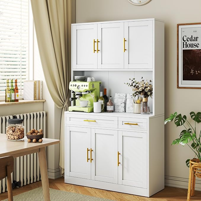 71 Sideboard Buffet Cabinet, Metal Kitchen Coffee Bar Cabinet White | Pantry Sideboard Storage, Coffee Bar Table Console with Cable Hole, Drawers, Adjustable Shelves for Kitchen, Living Room
