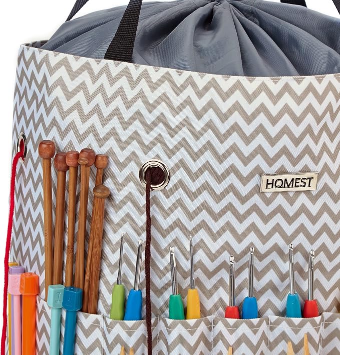 HOMEST Crochet Bag Organizer for Yarn Storage, and Knitting Accessories | Customized front compartment, 6 oversized grommets and drawstring closure for hooks, needles and projects, Ripple