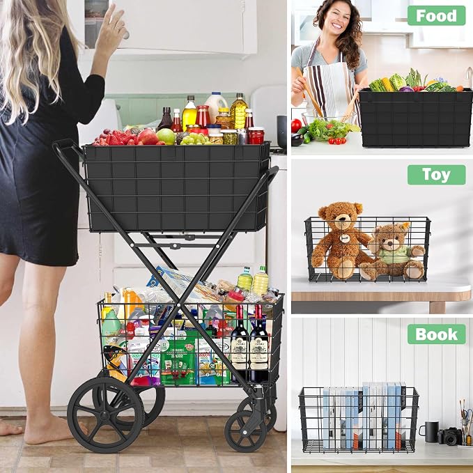 𝐍𝐄𝐖 2-Tier Large Collapsible Grocery Cart On Wheels 400lbs Shopping Cart | for Groceries with 2 Removable Baskets, Waterproof Liner, Heavy Duty Foldable Shopping Utility Cart for Seniors