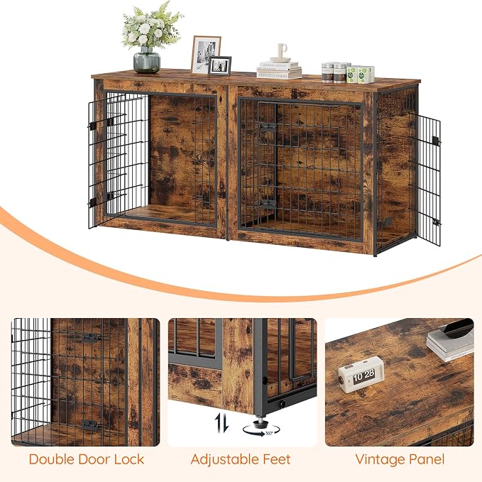 HOOBRO Dog Crate Furniture for 2 Dogs, 63" Large Double Dog Crate Furniture with Divider, Wooden Indoor Kennel TV Stand for Medium Large Dogs, Rustic Brown BF55GW03