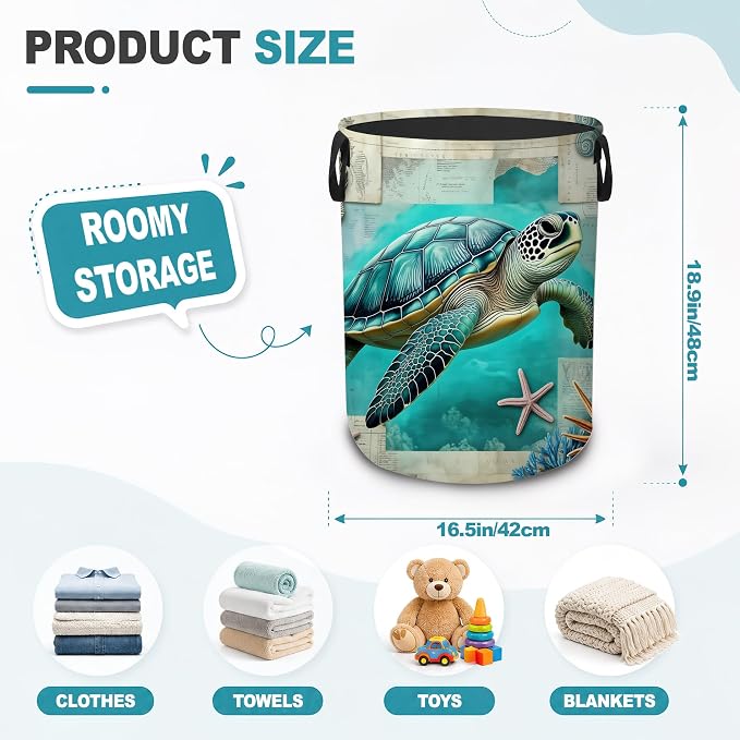Laundry Basket,Sea Turtle Beach Foldable Clothes Hamper with Handles,Coastal Ocean Waterproof Oxford Cloth Storage Organizer for Bedroom Bathroom College Dorm,16" x 20"
