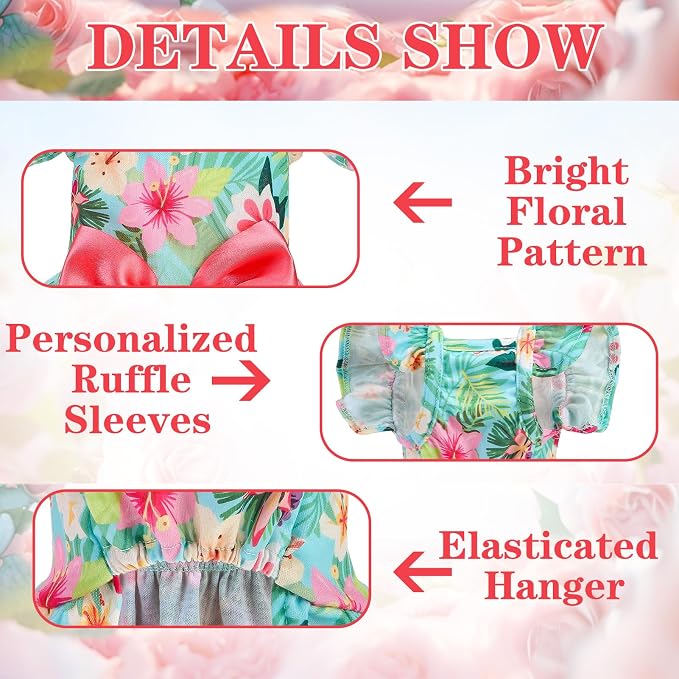Dog Dress with Sleeve Ruffles, Floral Pet Dresses with Bow Tie for Small Meduim Dogs Puppy Cats Girl, Cute Princess Dog Dresses Skirt Clothes Outfits for Spring Summer, Green S