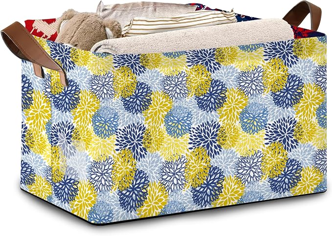 Floral Chrysanthemum Storage Basket Large 17x11.5x10.5 Inche-Collapsible Fabric Organizer Bin with Handles for Seasonal Decor,Living Room,Porch-Decorative Hamper with Elegant Blossom Pattern-1 Pack