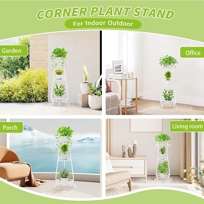 KMOTASUO 3 Tier Metal Plant Stand Tall for Indoor Outdoor Corner, White | Heavy Duty Flower Holder Rack, Modern Vertical Iron Shelf for Patio Bathroom Office Garden