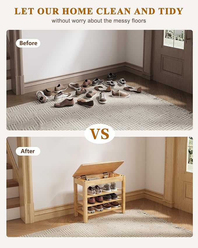 IUNVR Shoe Rack Bench Seat Rubberwood 3-Tier Wooden Storage Bench 550lbs Compact Mid-Century Modern Design for Entryway, Hallway, Closet, Front Door Entrance, Foyer