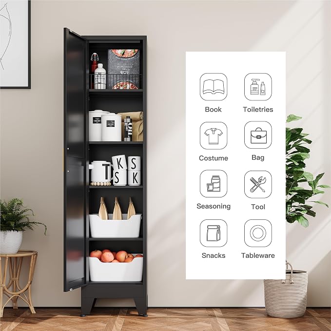 YAUWOH White Narrow Metal Storage Cabinet, Tall Freestanding Cabinet with 4 Adjustable Shelves & Barn Doors, Pantry Organizer for Bathroom Kitchen Home Office Dining Room（1PC,Black）