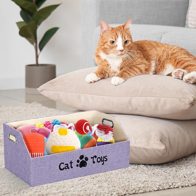 19.7 Inch Cat Toy & Supplies Storage Organizer with Metal Handles | Foldable Fabric Bin Kitten Pet Chest Trapezoid Container for Organizing Cats Clothes Accessories