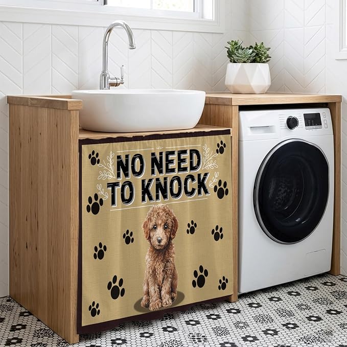 NO Need to Knock Cabinet Dishwasher Hidden Curtains, Privacy Closet Door Curtain, Poodle Dog Paw Prints Pet Lover Farmhouse Adhesive Dust Proof Under Sink Skirt for Bathroom Kitchen 35"x35"