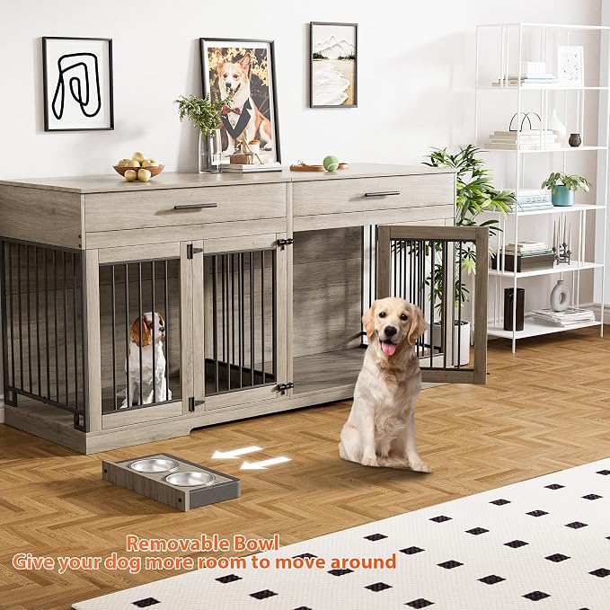 Rophefx 72" Dog Crate Furniture for 2 Dogs, Large Dog Kennel Furniture with 2 Storage Drawer and Removable Divider, Wooden Dog Cage with 4 Bowls, Indoor Dog House TV Stand for Medium Dog, Grey